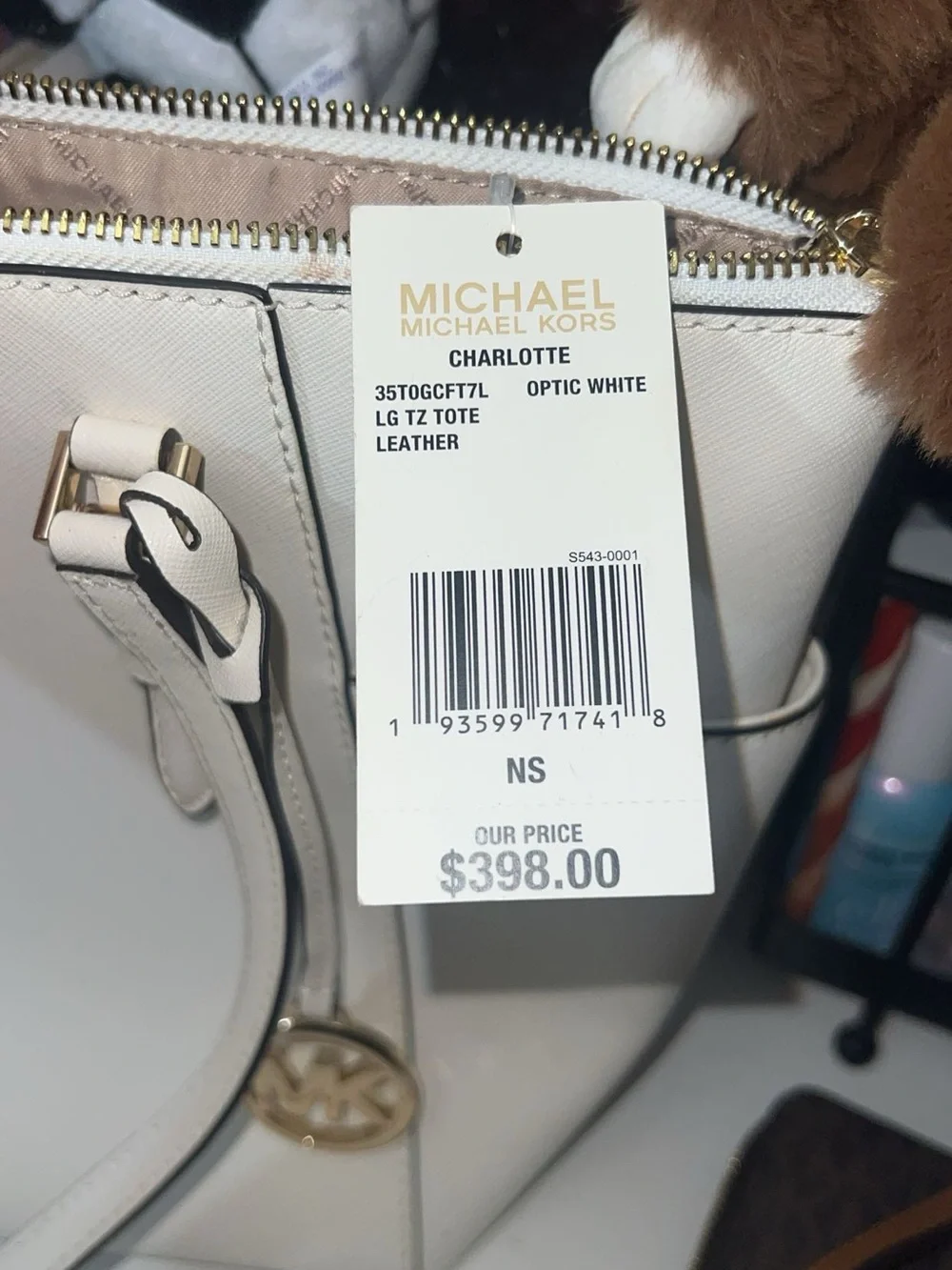 Michael Kors White Leather Tote with Gold MK Charm